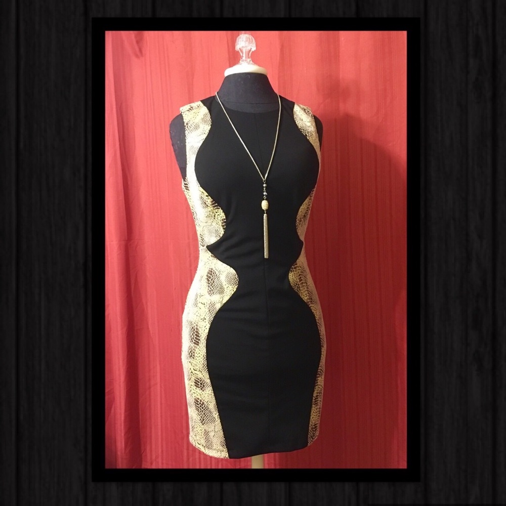 Black Tan Brown Snakeskin Print Sleeveless Dress
